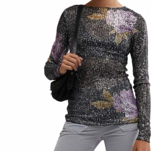 Free People New Floral Long Sleeve Sequin Women's Top, Medium - Picture 1 of 9